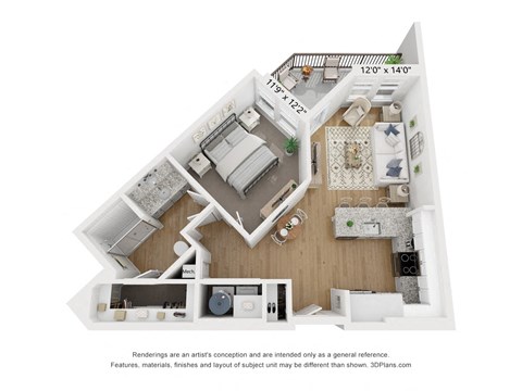 Floor plan for 1 bed, 1 bath, 667 sqft